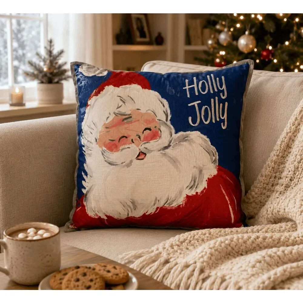 Holly Jolly Santa Claus Christmas Throw Pillow Holiday Decor Blue Red New